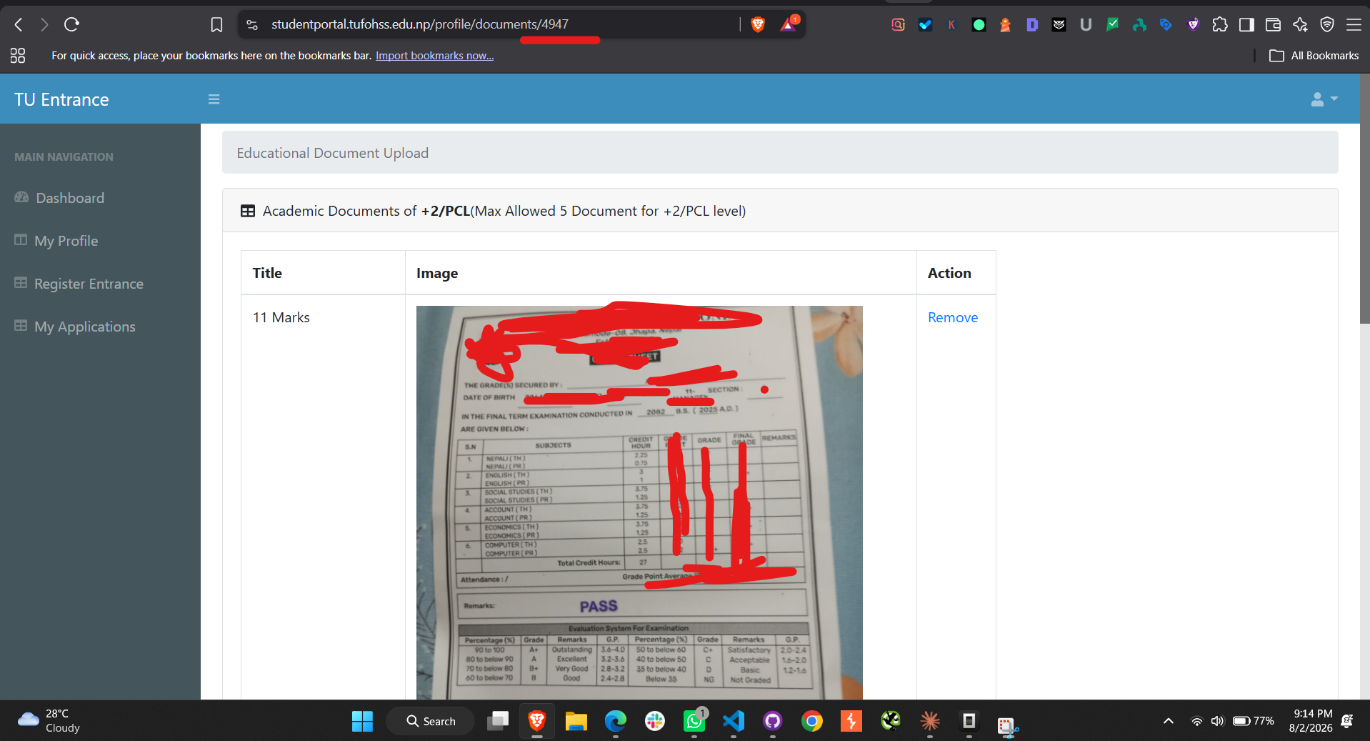 An applicant's uploaded document viewable through the broken access control issue in the TU FOHSS portal