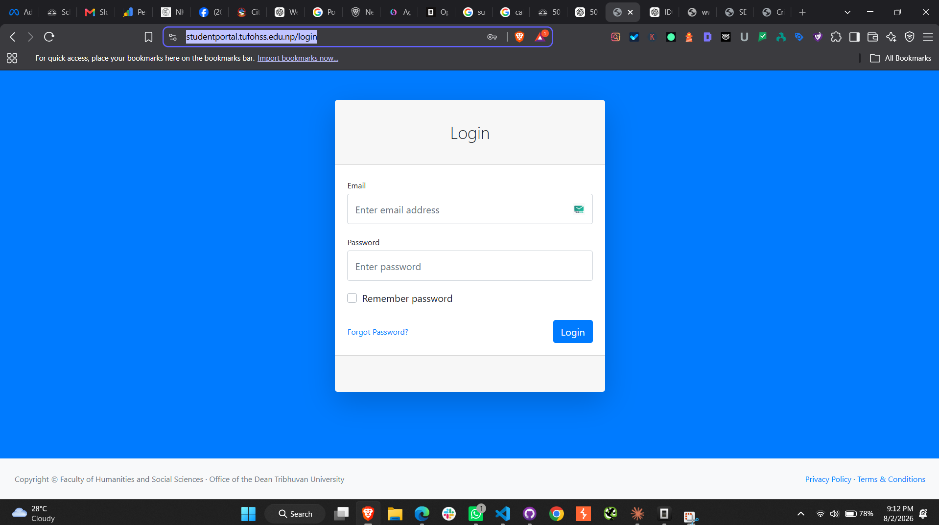 Login page of the TU FOHSS Entrance Portal reviewed during the security assessment